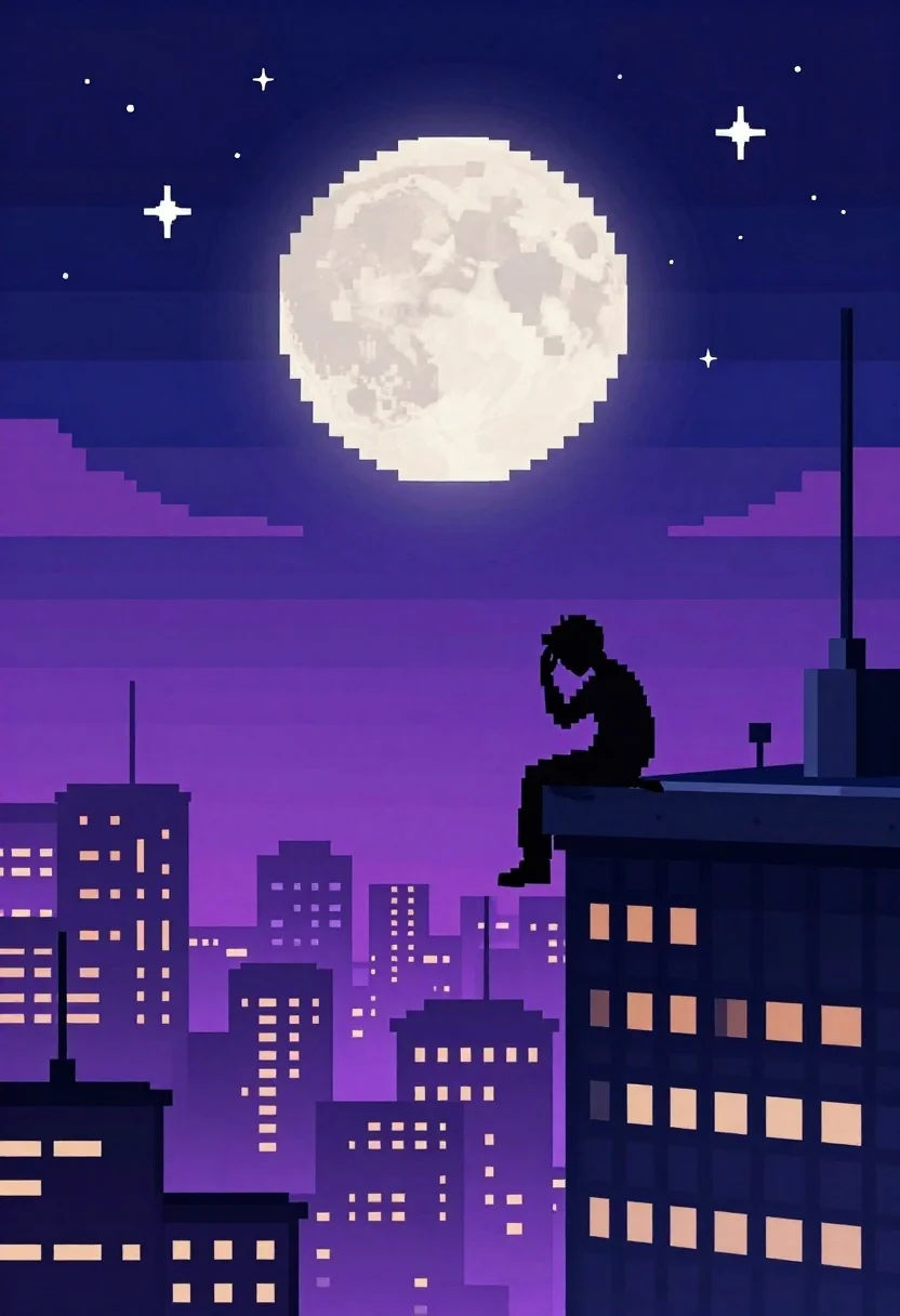 Pixel art figure on skyscraper edge under starry night