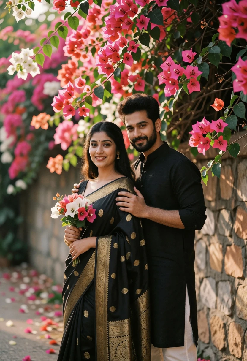 Couple in black saree and kurta against vibrant pink bougainvillea wall - AI generated image prompt sample