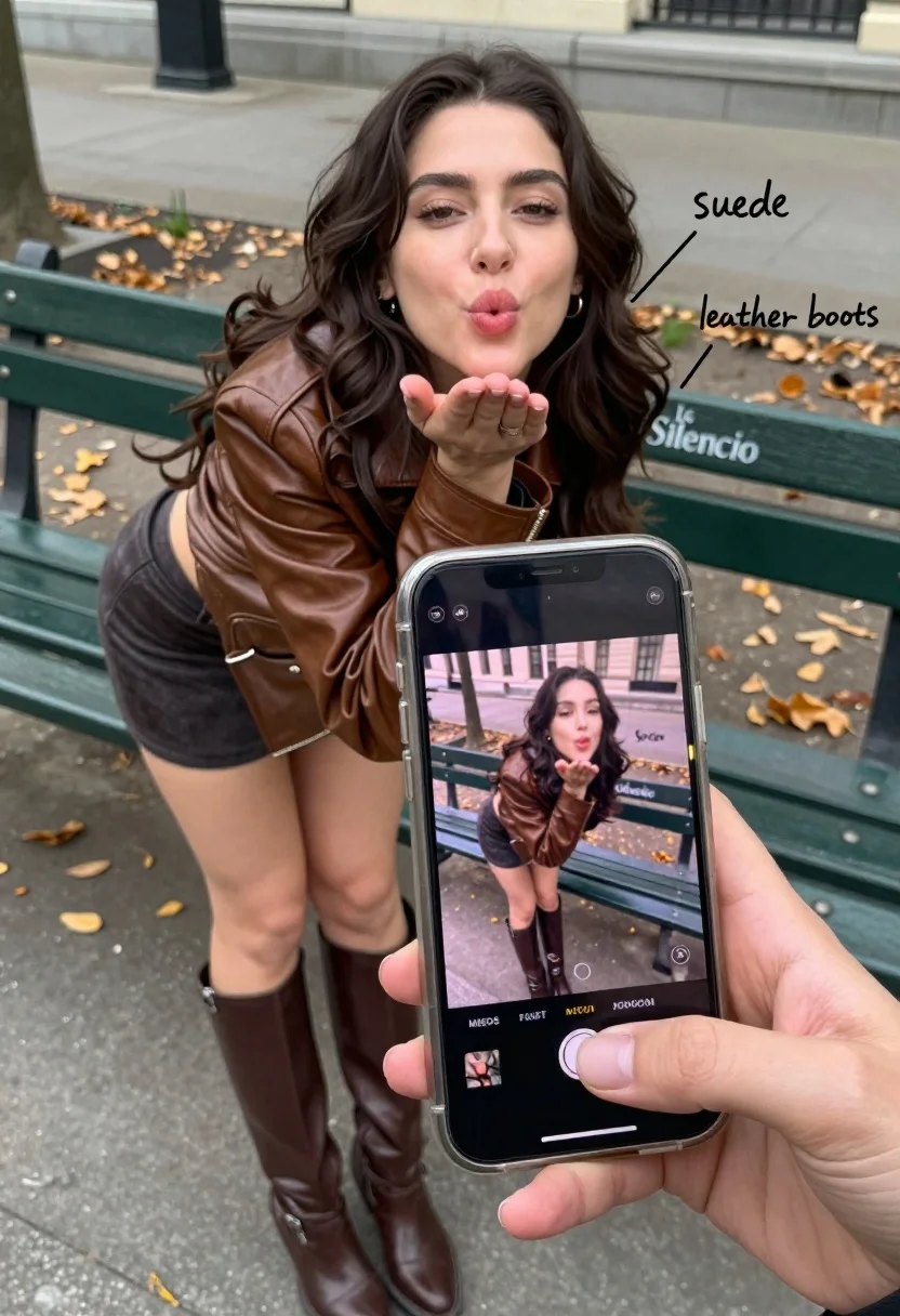 Close up of smartphone camera capturing woman blowing a kiss in urban - AI generated image prompt sample