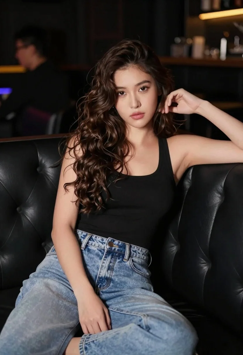 Young woman with wavy brown hair sitting on leather sofa in lounge - AI generated image prompt sample