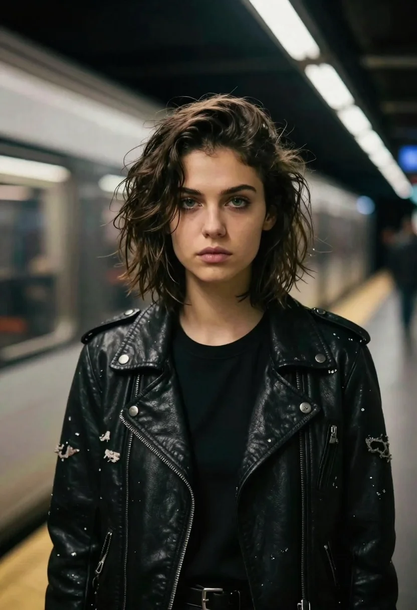 Young woman in leather jacket standing on subway platform at night - AI generated image prompt sample