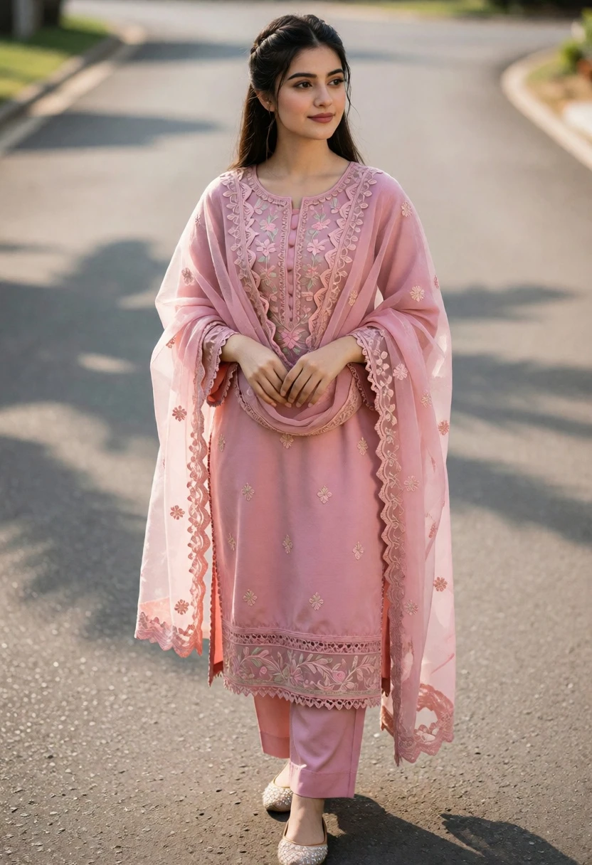 Young woman in pink embroidered shalwar kameez on a paved road - AI generated image prompt sample