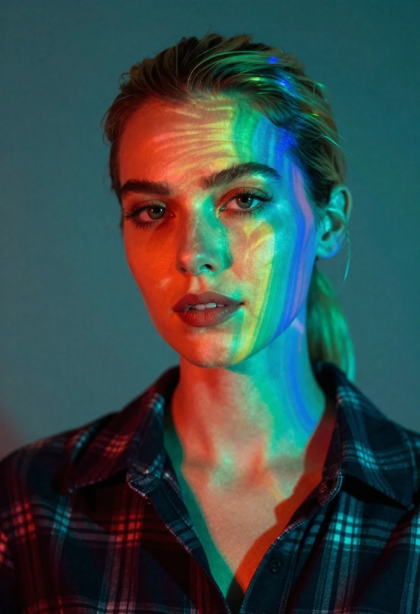 Portrait of woman with neon prismatic lighting