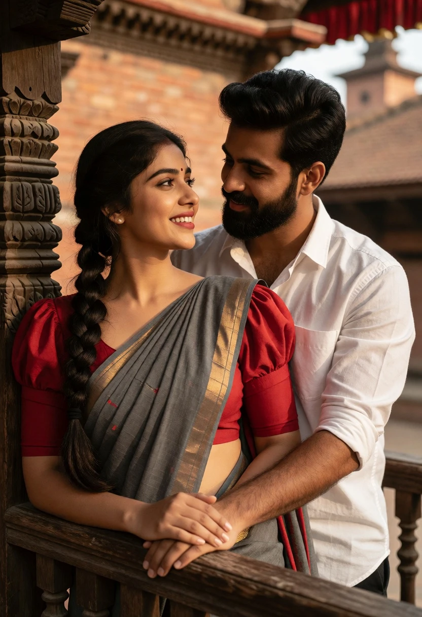Romantic portrait of couple on wooden balcony with traditional architecture background - AI generated image prompt sample