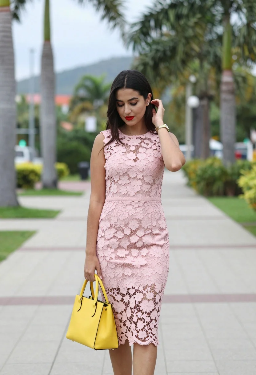 Young woman in pink lace midi dress walking on paved path