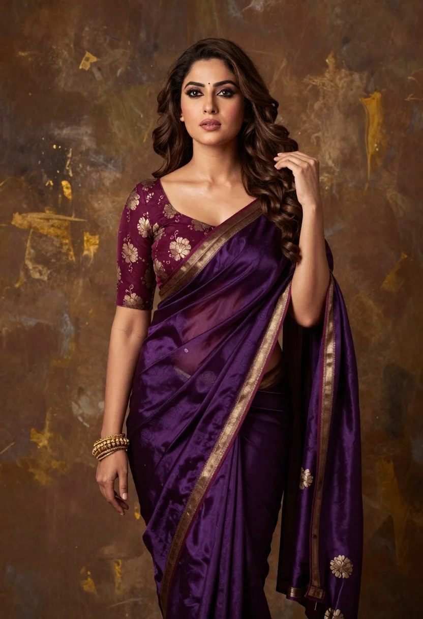 Poised woman in purple silk saree against abstract brown gold backdrop