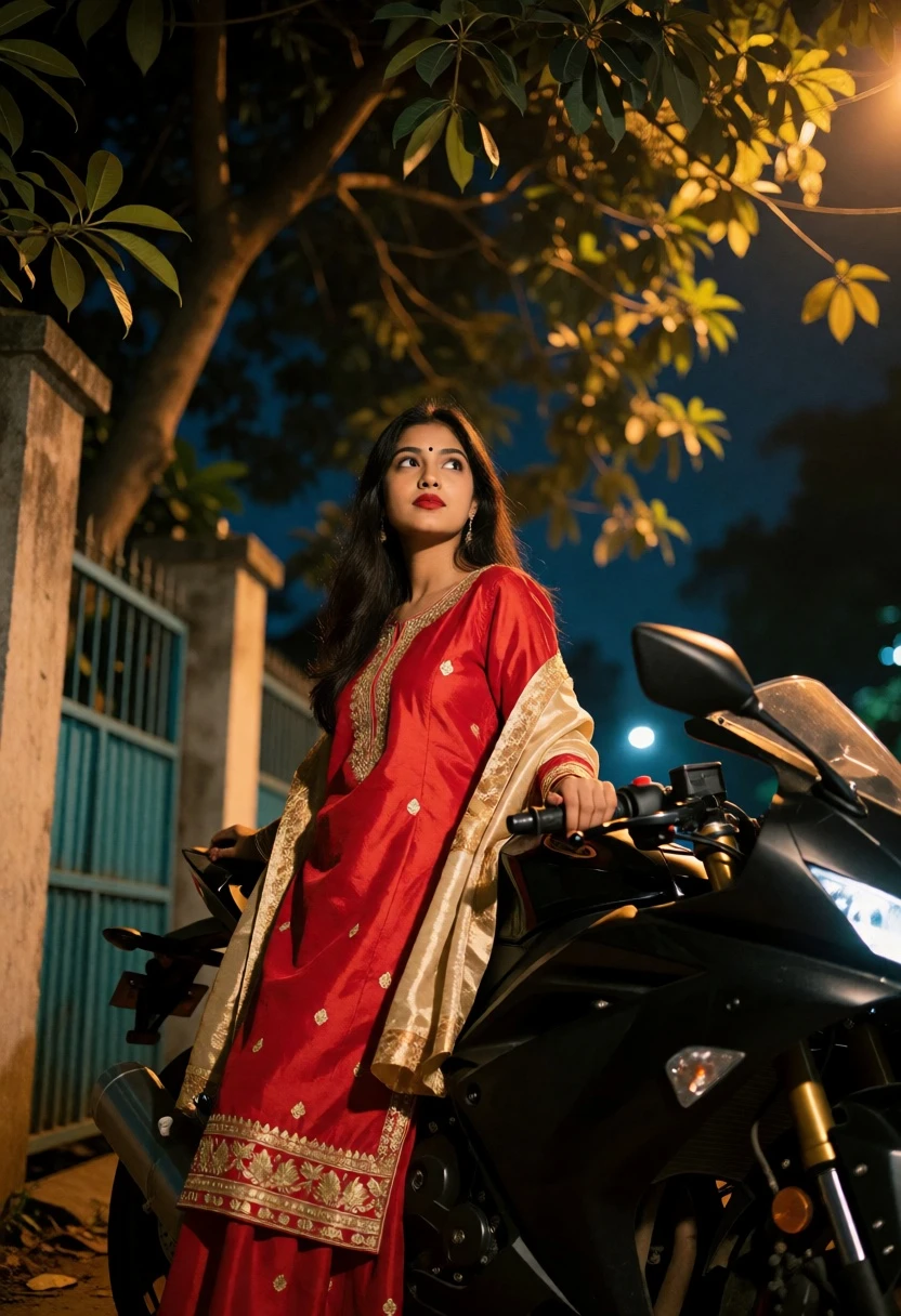 Young woman beside black sport motorcycle at night under leafy trees - AI generated image prompt sample