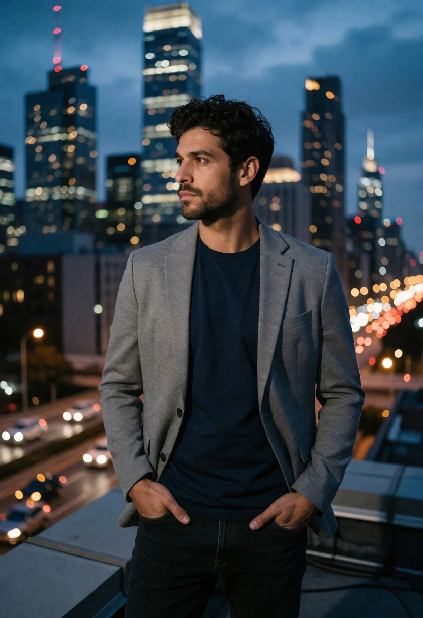 Man on rooftop overlooking city skyline at dusk with illuminated skyscrapers - AI generated image prompt sample
