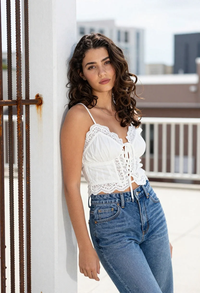 Young woman leaning on pillar in urban setting with denim jeans