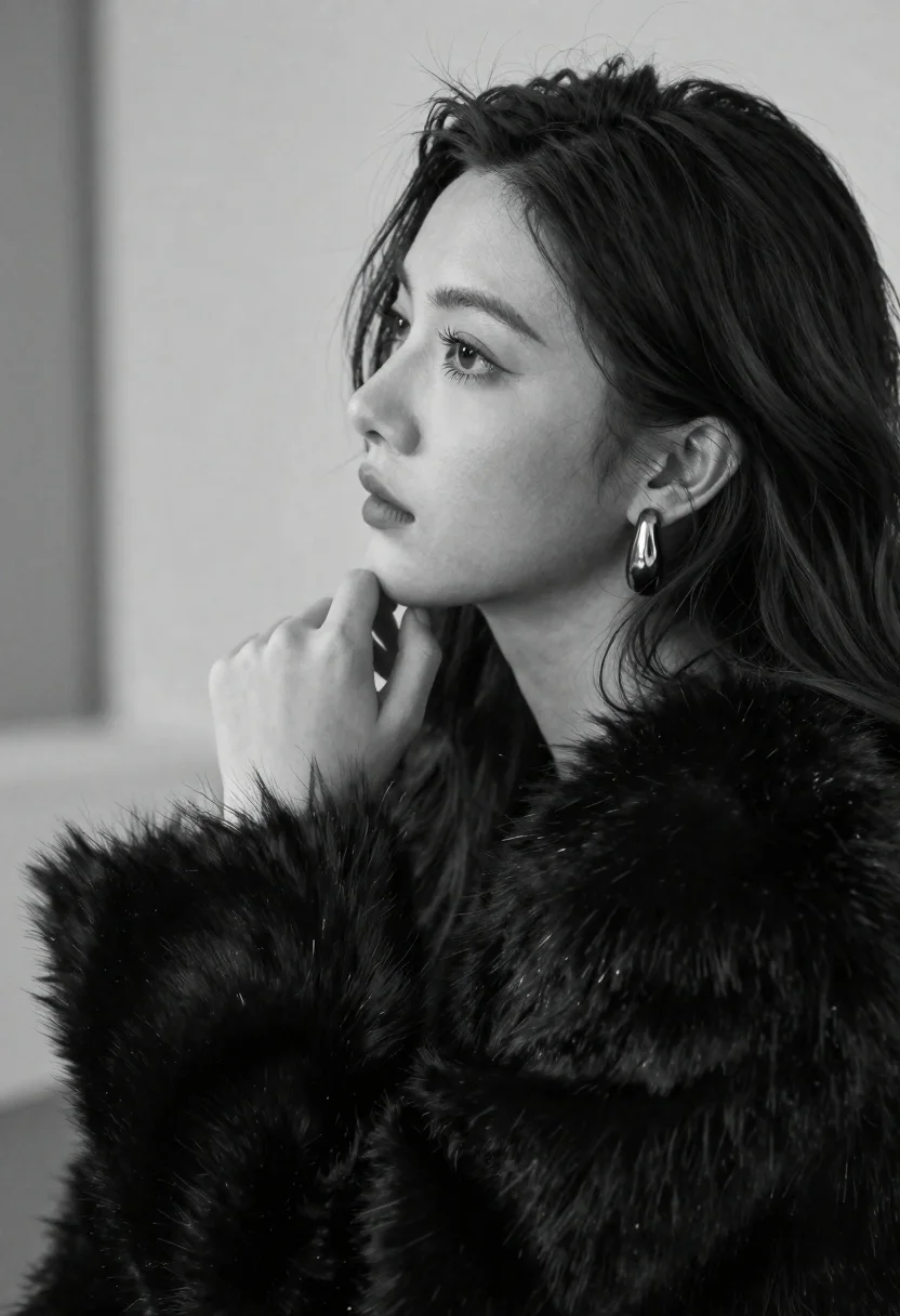 Black and white profile portrait of woman in fur coat looking away - AI generated image prompt sample