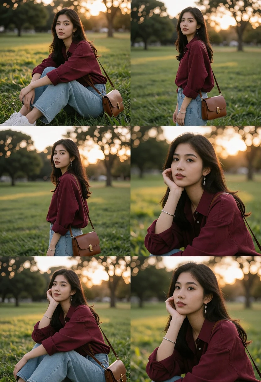 Collage of candid portraits of young woman in green park at golden - AI generated image prompt sample