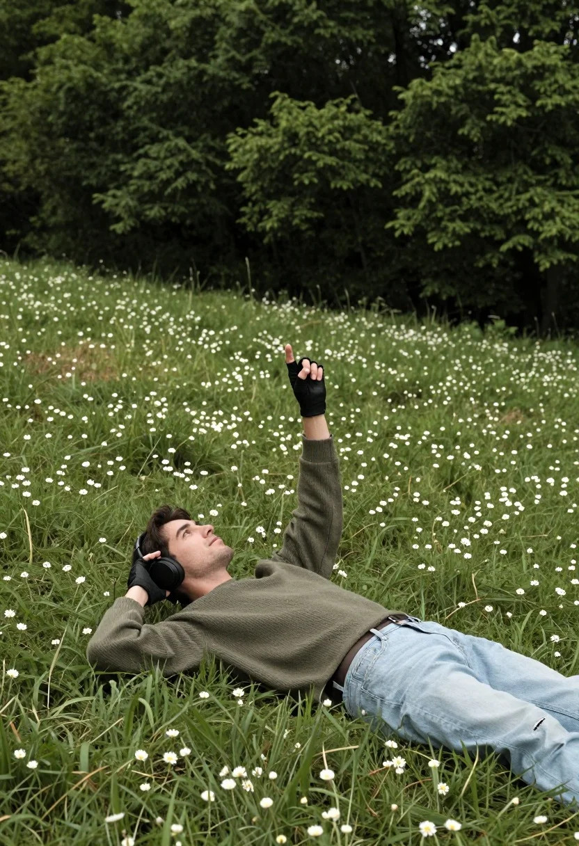 Man lying in grassy meadow pointing skyward with forest background - AI generated image prompt sample