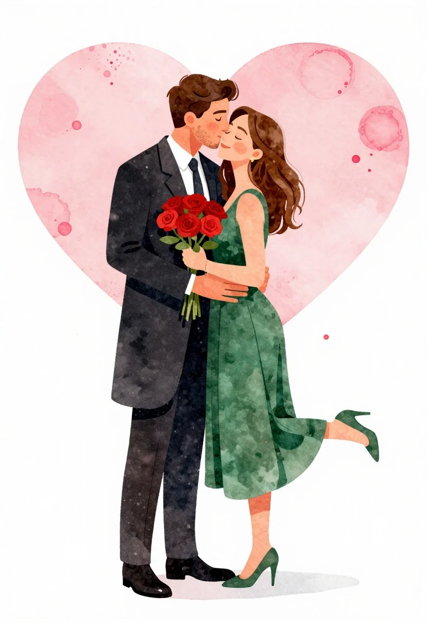 Watercolor illustration of a couple embracing in front of a pink heart - AI generated image prompt sample