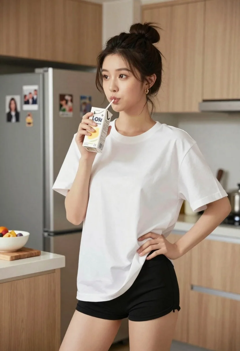 Young east asian woman in white tshirt sipping juice in modern kitchen - AI generated image prompt sample