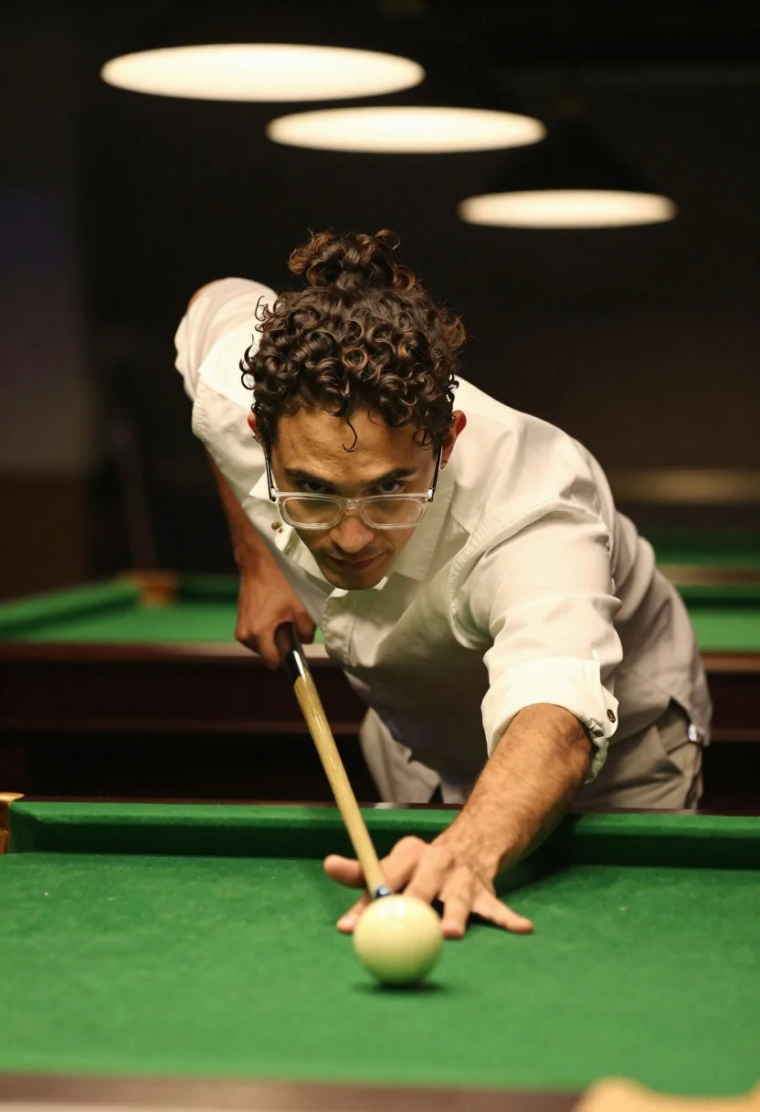 Young man aiming pool cue over green table in dimly lit bar - AI generated image prompt sample