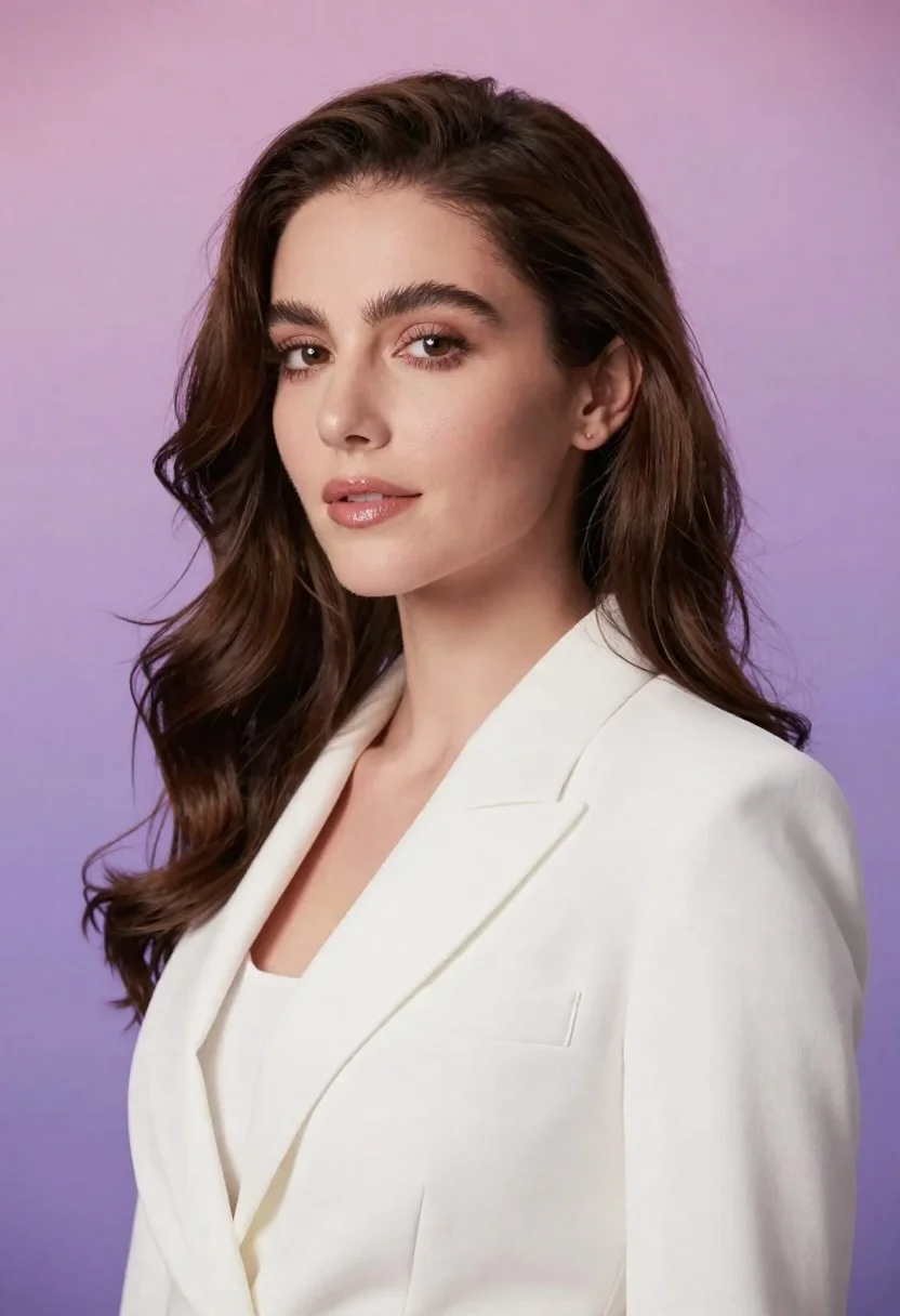 Portrait of woman in white blazer against dreamy purple and pink background