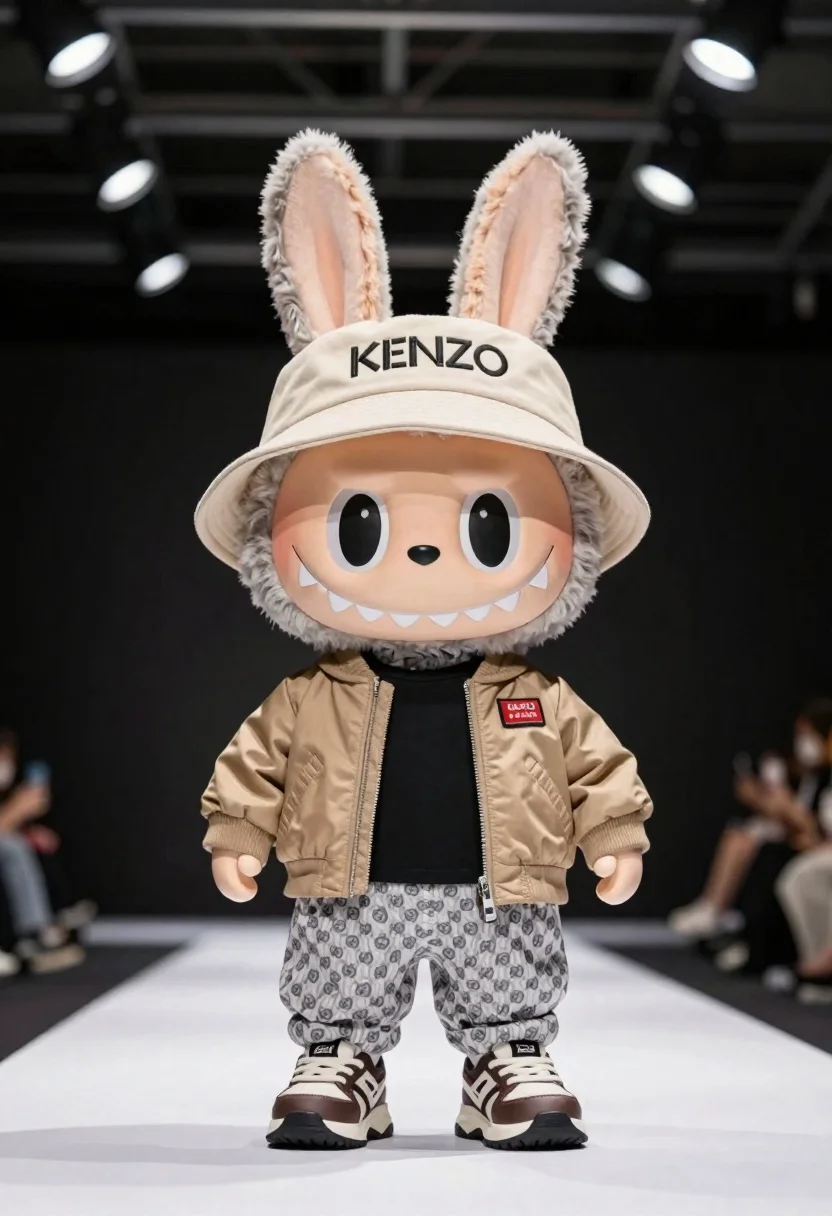 Plush rabbit character on white runway in studio
