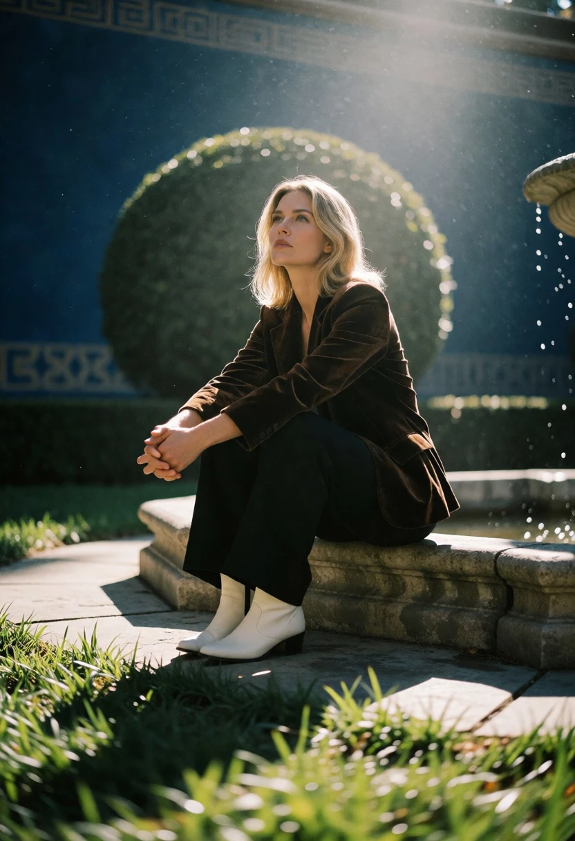 Blonde woman sitting on stone ledge in garden with topiary bush - AI generated image prompt sample