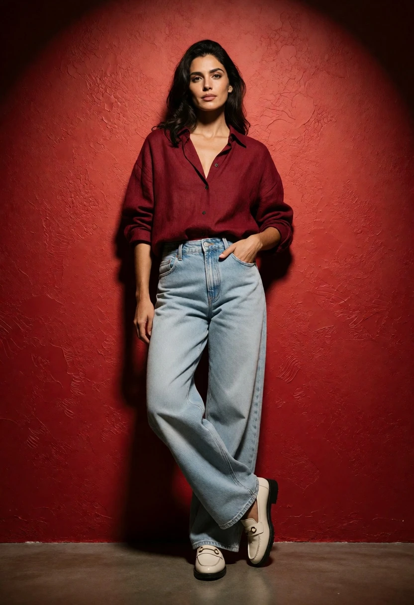 Full body portrait of woman in maroon shirt and blue jeans against - AI generated image prompt sample