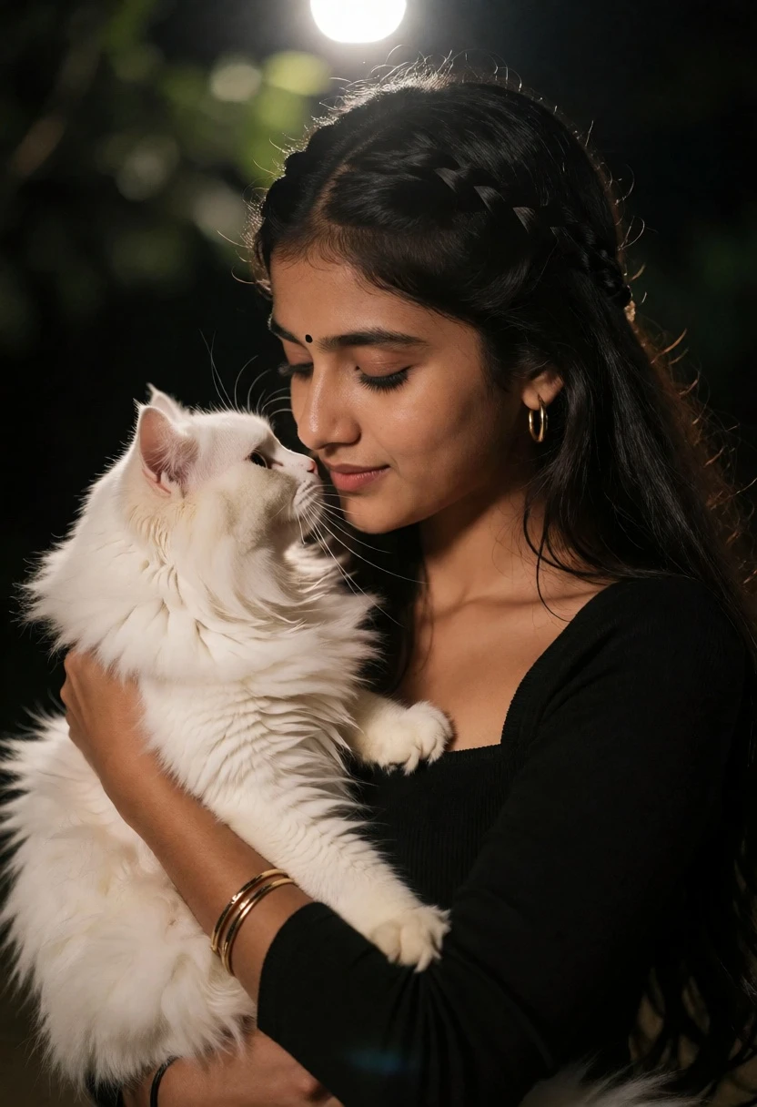 Young woman holding white cat close to face in dimly lit outdoor - AI generated image prompt sample