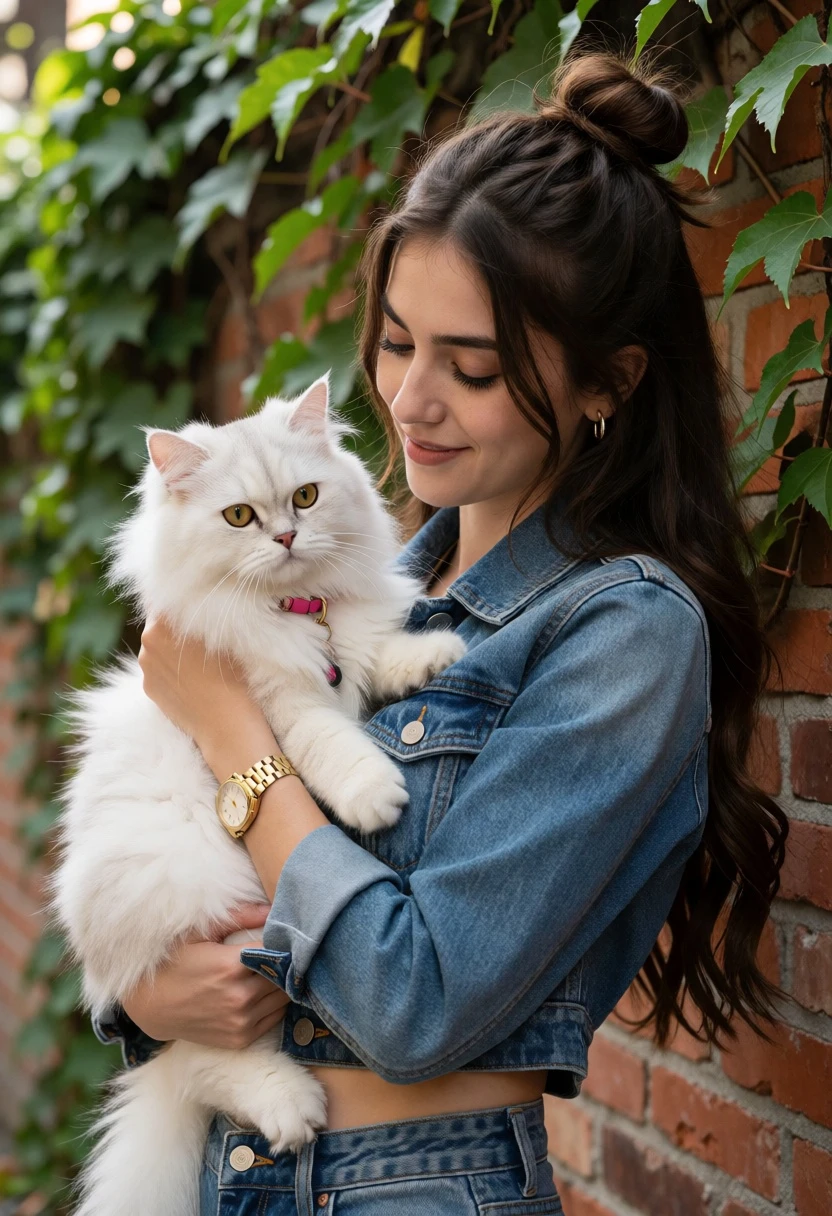Young woman cradling white cat against vine covered red brick wall - AI generated image prompt sample