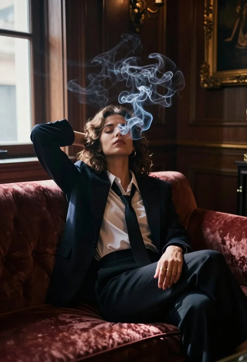 Woman seated in opulent room with swirling smoke - AI generated image prompt sample