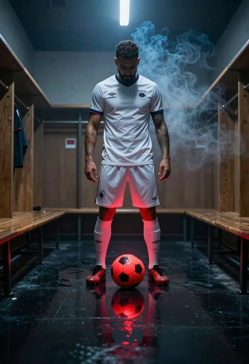 Football player in locker room with glowing soccer ball - AI generated image prompt sample