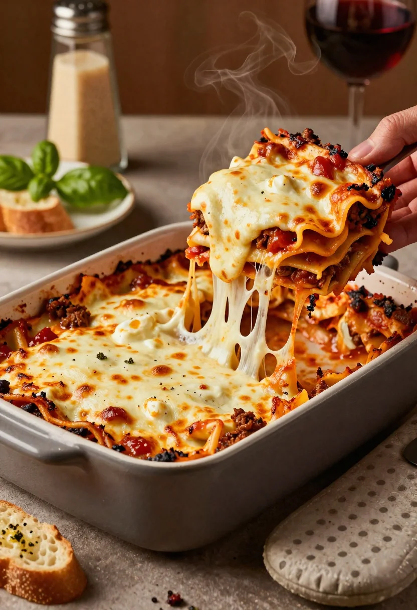 Close up of cheesy lasagna pull on rustic italian kitchen table