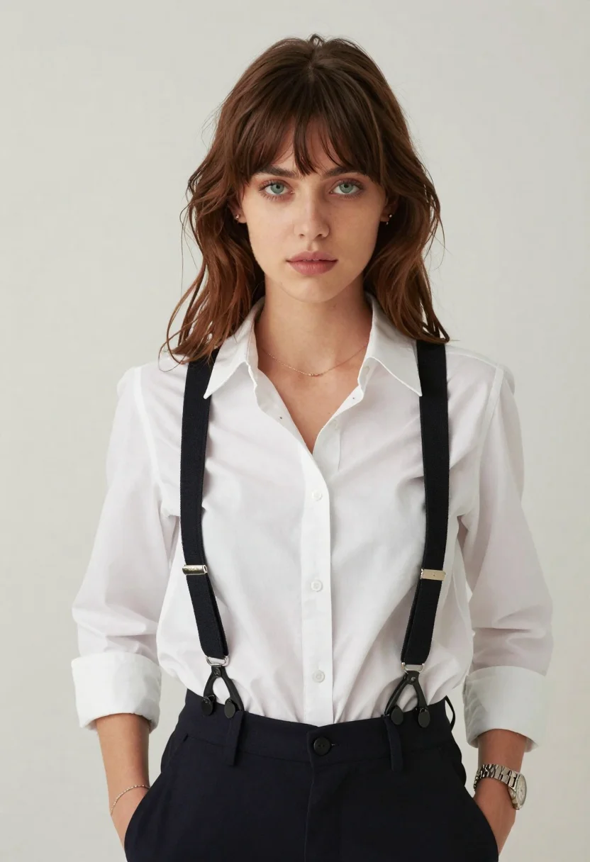 Portrait of young woman with brown hair in white shirt and suspenders - AI generated image prompt sample