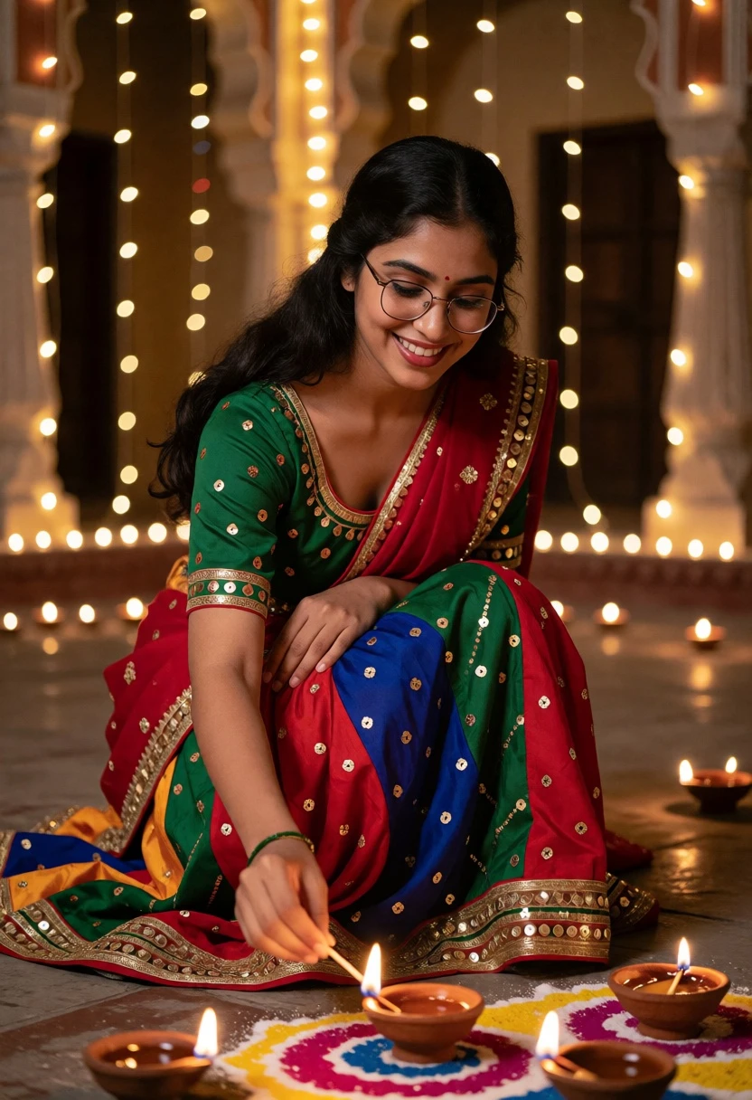 Young woman in traditional lehenga lighting lamp in decorated courtyard - AI generated image prompt sample