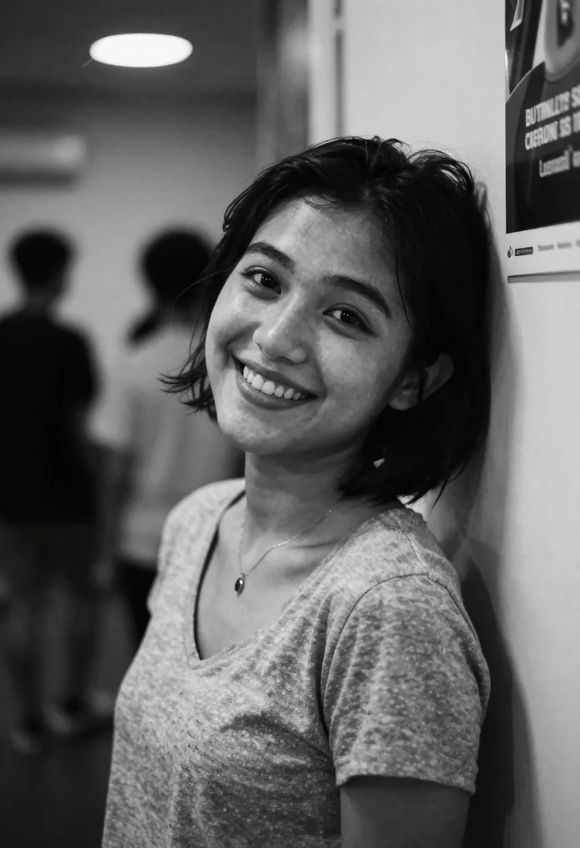Black and white portrait of smiling young woman indoors - AI generated image prompt sample