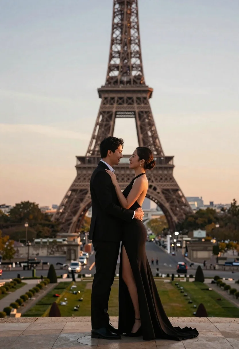 Romantic couple embracing in front of the eiffel tower at sunset - AI generated image prompt sample