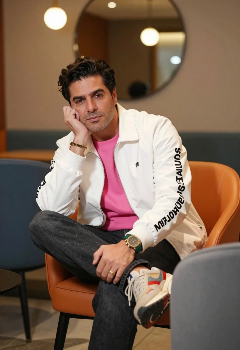 Man sitting in modern lounge wearing pink shirt and white jacket - AI generated image prompt sample