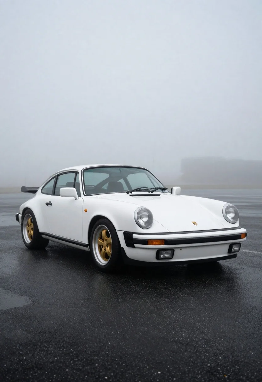 White classic porsche sports car on dark asphalt