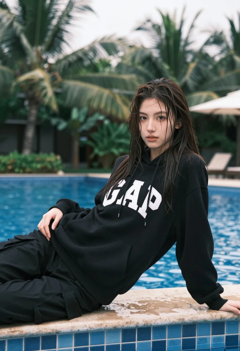 Young woman with wet dark hair reclining by tropical swimming pool edge - AI generated image prompt sample