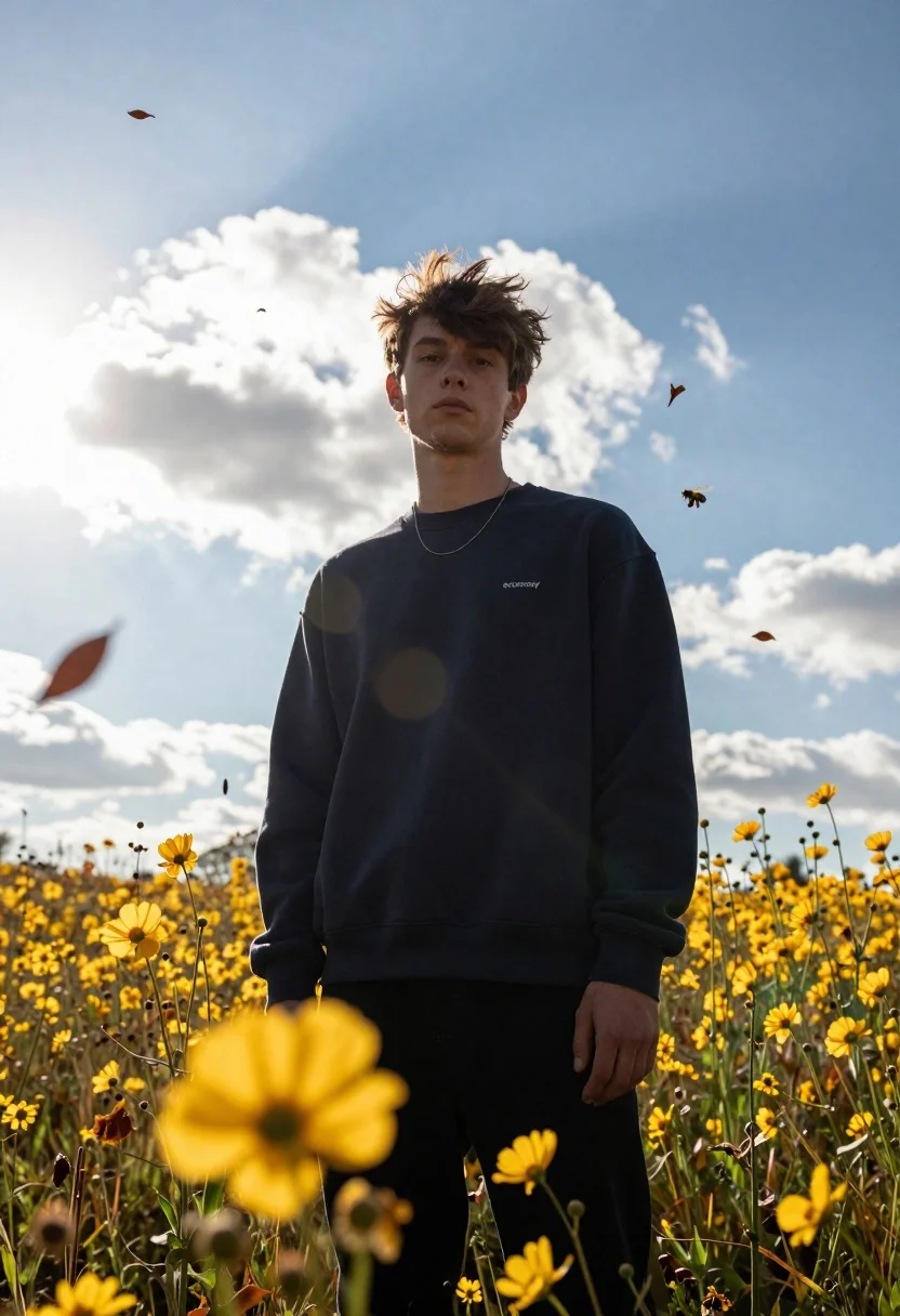 Low angle portrait of young man in meadow with yellow wildflowers - AI generated image prompt sample