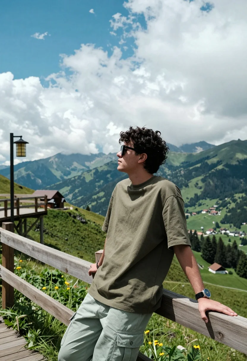 Young man leaning on wooden railing overlooking lush green mountain vista - AI generated image prompt sample