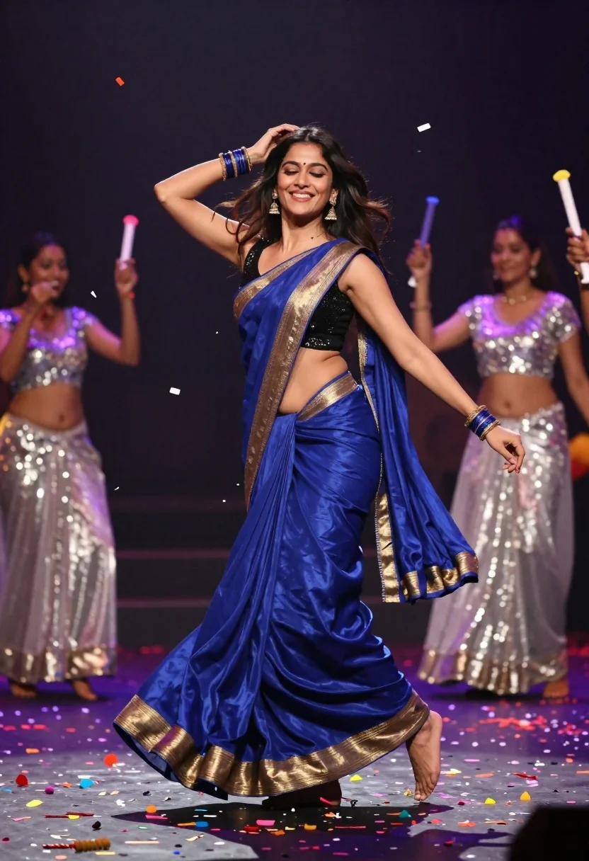 Joyful woman in blue silk saree dancing amidst falling colorful confetti - AI generated image prompt sample