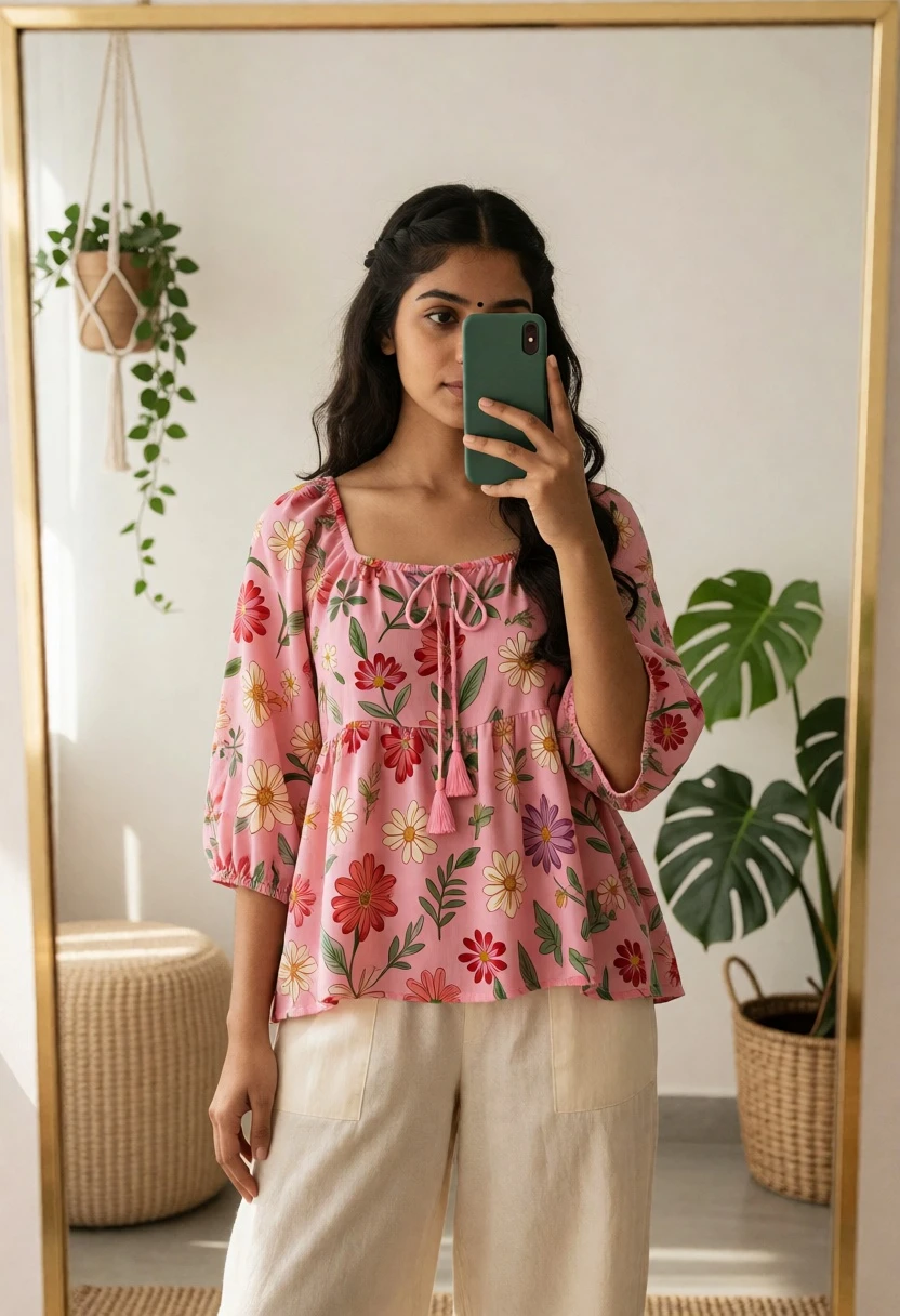 Young woman taking mirror selfie in pink floral top and trousers - AI generated image prompt sample