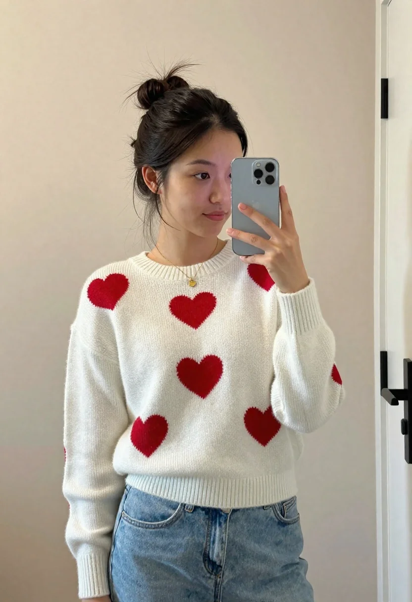 Young woman in white knit sweater taking a mirror selfie indoors - AI generated image prompt sample