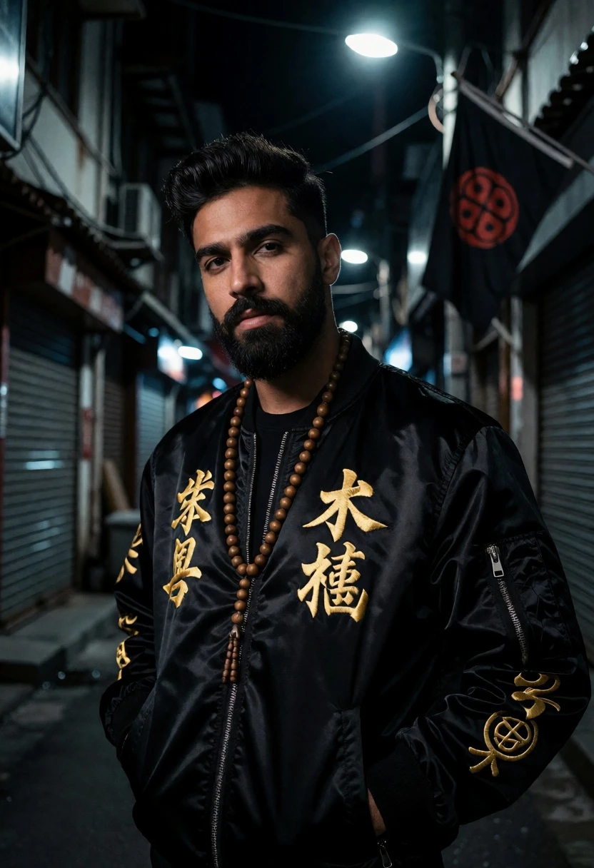 Man in black bomber jacket standing in a dark urban alleyway at - AI generated image prompt sample