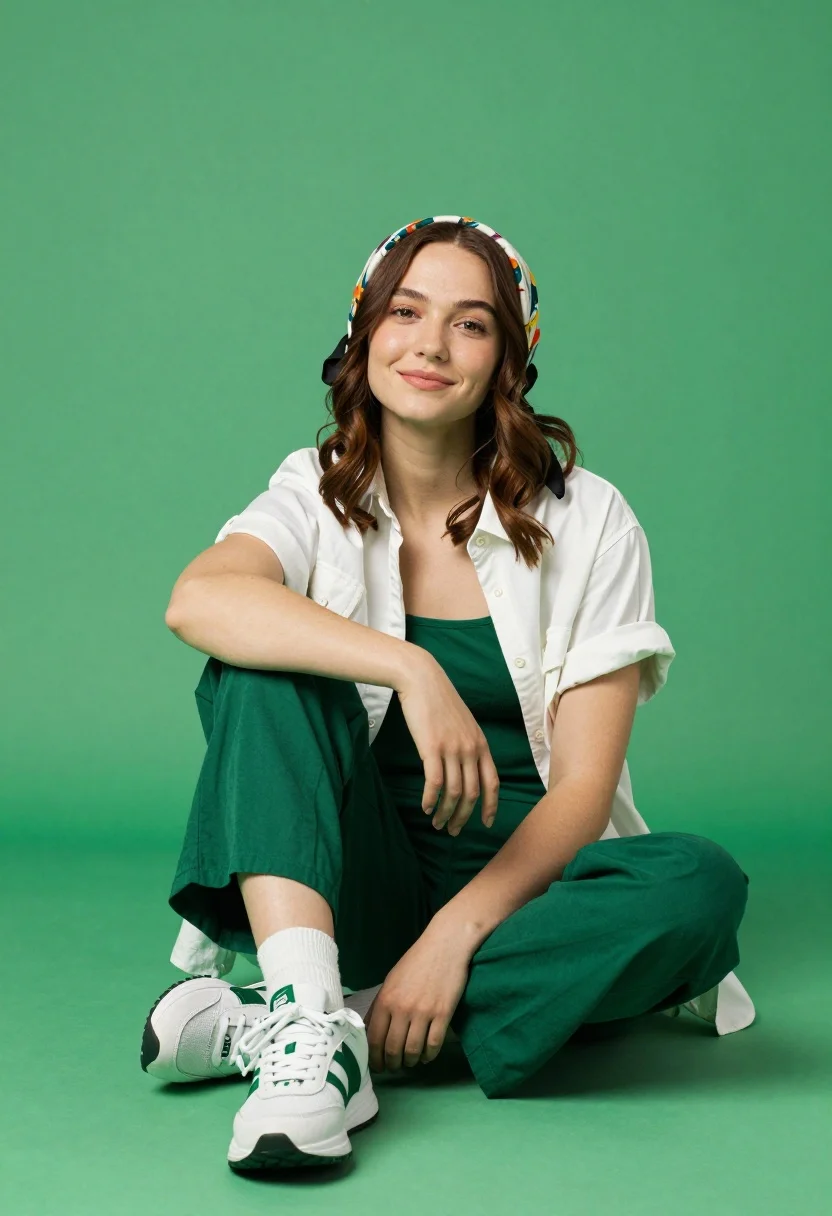 Young woman seated cross legged on solid green floor in studio setting - AI generated image prompt sample