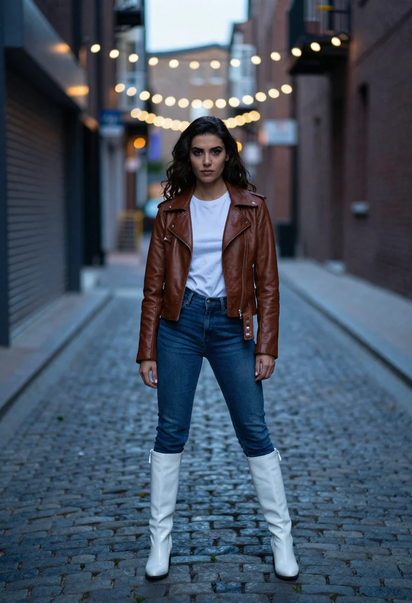 Young woman in leather jacket standing in narrow cobblestone alley at dusk - AI generated image prompt sample