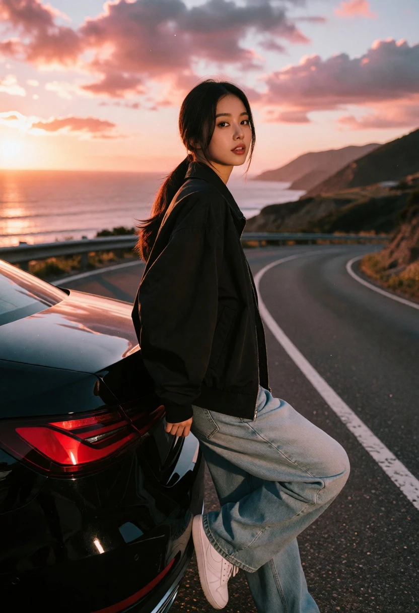 Young woman leaning on black car by coastal highway at sunset - AI generated image prompt sample