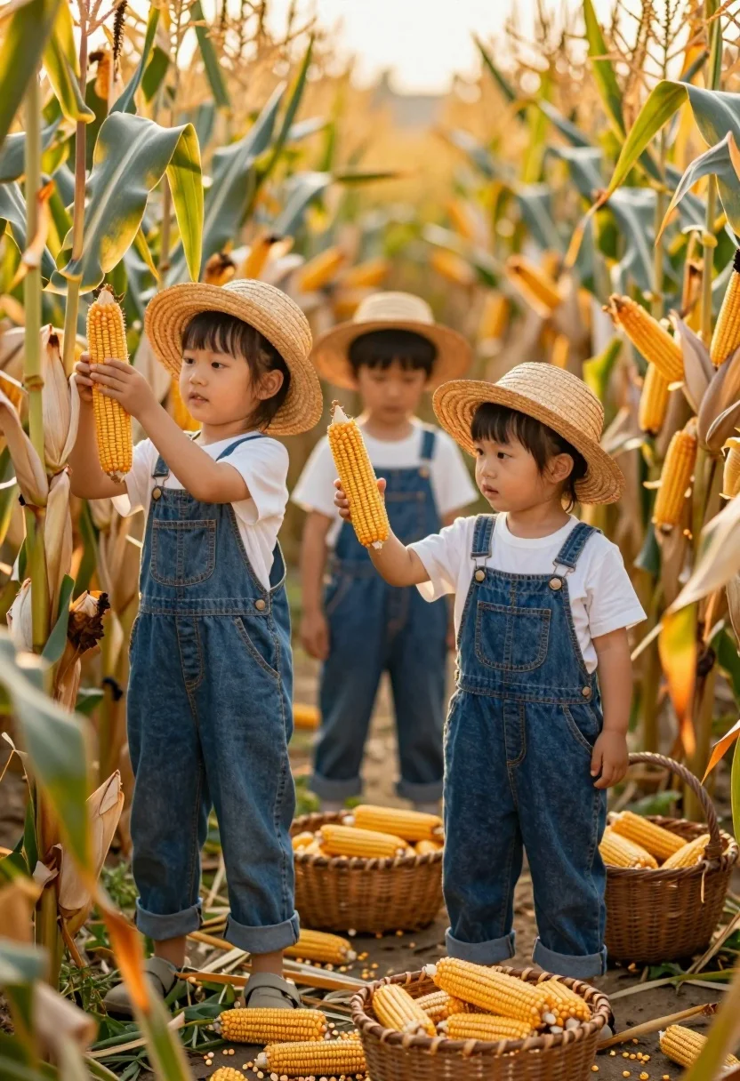 Three small children harvesting yellow corn in a golden field - AI generated image prompt sample