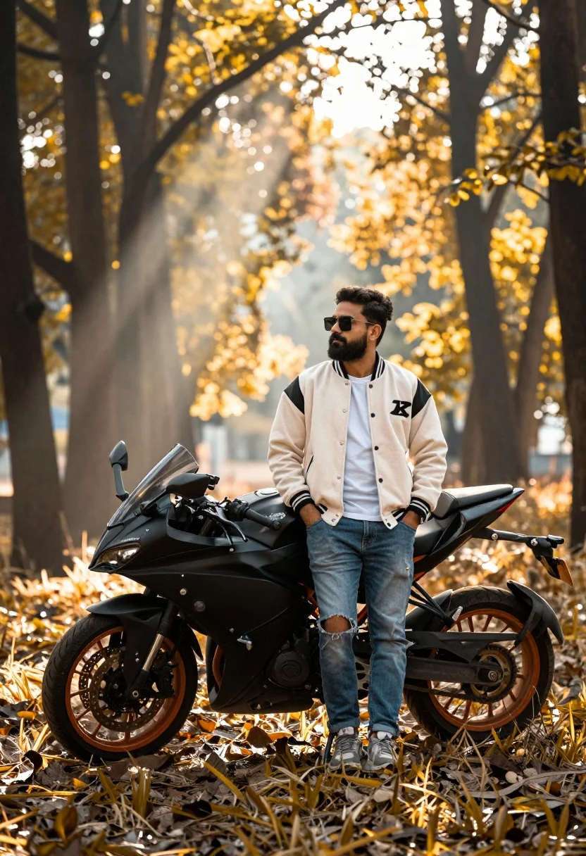 Man leaning on black motorcycle in sundrenched autumnal forest clearing - AI generated image prompt sample