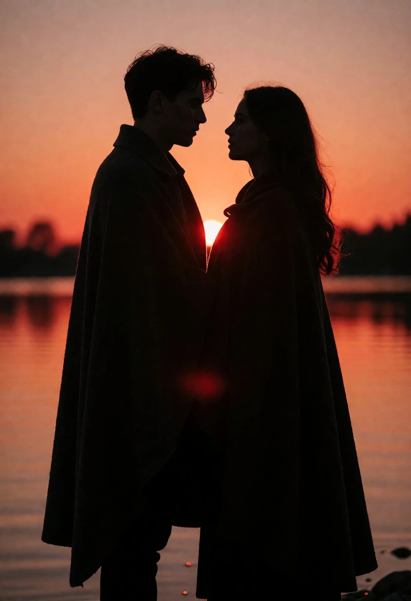 Two silhouetted figures facing each other against a vibrant sunset over water - AI generated image prompt sample