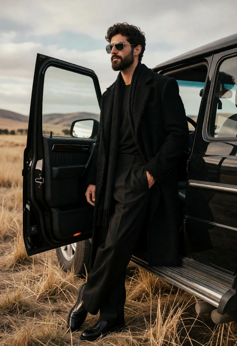 Man in all black coat leaning on suv in dry grassy field - AI generated image prompt sample