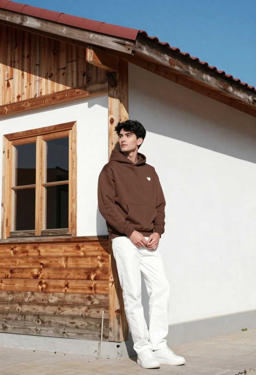 Young man leaning against rustic wooden house under bright blue sky - AI generated image prompt sample