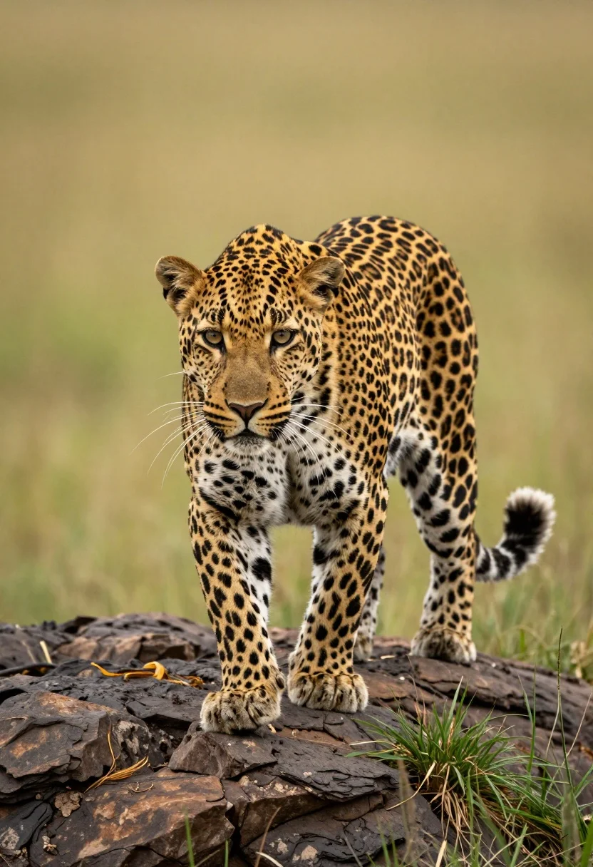 Majestic leopard walking across rocky outcrop in yellow green savanna - AI generated image prompt sample